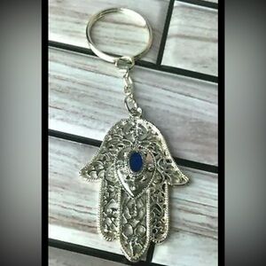 Hamsa Keychain Metal Hand Silver Tone Travel Souvenir Blue Accent New